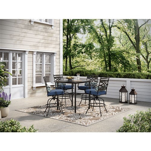 Hanover - Montclair 5pc High Dining: 4 Swivel Chairs, 33" Square High Dining Table - Navy/Brown-United Backyard