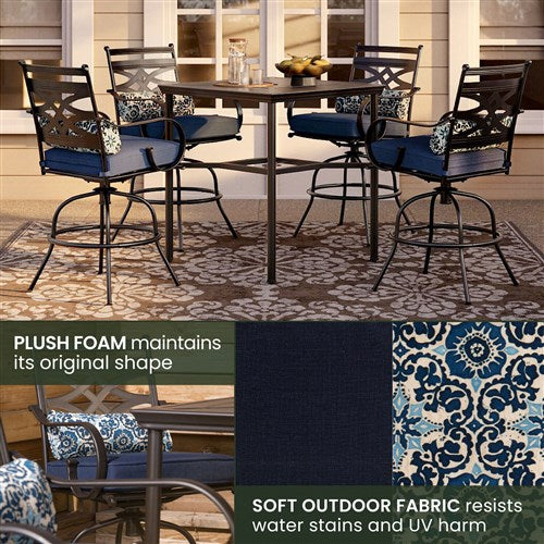 Hanover - Montclair 5pc High Dining: 4 Swivel Chairs, 33" Square High Dining Table - Navy/Brown-United Backyard