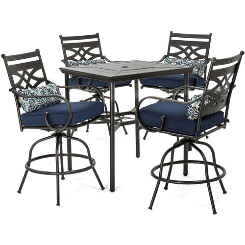 Hanover - Montclair 5pc High Dining: 4 Swivel Chairs, 33" Square High Dining Table - Navy/Brown-United Backyard