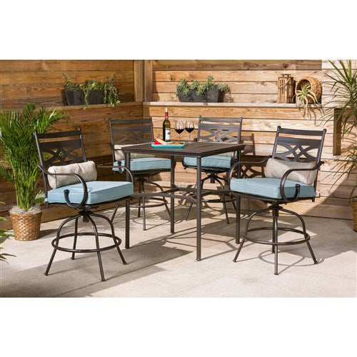 Hanover - Montclair 5pc High Dining: 4 Swivel Chairs, 33" Square High Dining Table - Ocean Blue/Brown-United Backyard