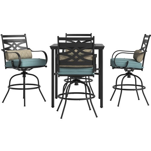 Hanover - Montclair 5pc High Dining: 4 Swivel Chairs, 33" Square High Dining Table - Ocean Blue/Brown-United Backyard