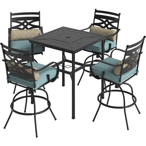 Hanover - Montclair 5pc High Dining: 4 Swivel Chairs, 33" Square High Dining Table - Ocean Blue/Brown-United Backyard