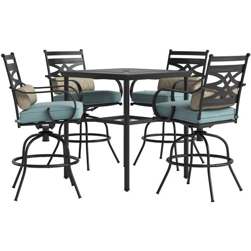 Hanover - Montclair 5pc High Dining: 4 Swivel Chairs, 33" Square High Dining Table - Ocean Blue/Brown-United Backyard