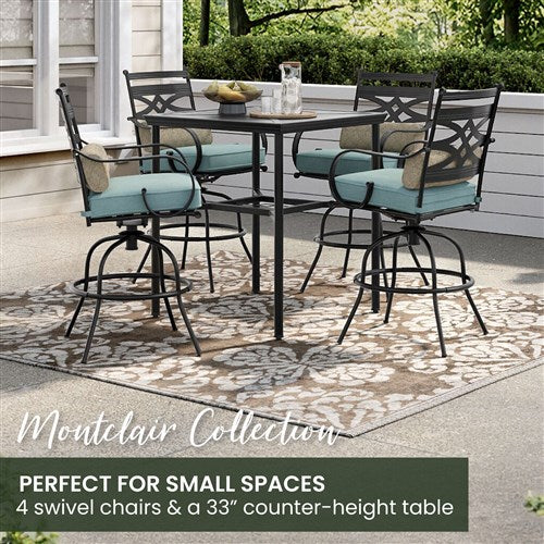 Hanover - Montclair 5pc High Dining: 4 Swivel Chairs, 33" Square High Dining Table - Ocean Blue/Brown-United Backyard