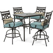 Hanover - Montclair 5pc High Dining: 4 Swivel Chairs, 33" Square High Dining Table - Ocean Blue/Brown-United Backyard