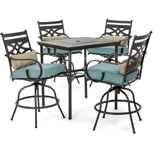 Hanover - Montclair 5pc High Dining: 4 Swivel Chairs, 33" Square High Dining Table - Ocean Blue/Brown-United Backyard