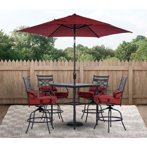 Hanover - Montclair 5pc High Dining: 4 Swivel Chairs, 33" Square High Table, Umbrella & Base - Chili Red/Brown-United Backyard