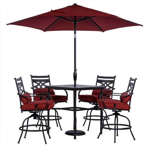 Hanover - Montclair 5pc High Dining: 4 Swivel Chairs, 33" Square High Table, Umbrella & Base - Chili Red/Brown-United Backyard