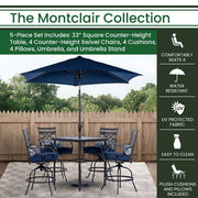 Hanover - Montclair 5pc High Dining: 4 Swivel Chairs, 33" Square High Table, Umbrella & Base - Navy/Brown-United Backyard