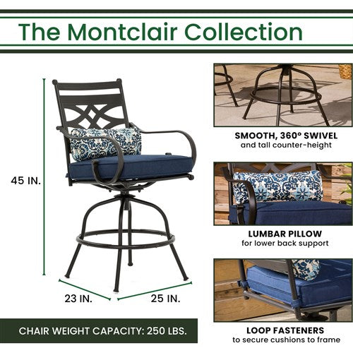 Hanover - Montclair 5pc High Dining: 4 Swivel Chairs, 33" Square High Table, Umbrella & Base - Navy/Brown-United Backyard