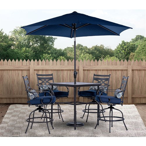 Hanover - Montclair 5pc High Dining: 4 Swivel Chairs, 33" Square High Table, Umbrella & Base - Navy/Brown-United Backyard