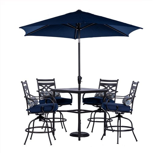 Hanover - Montclair 5pc High Dining: 4 Swivel Chairs, 33" Square High Table, Umbrella & Base - Navy/Brown-United Backyard