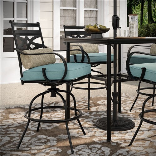 Hanover - Montclair 5pc High Dining: 4 Swivel Chairs, 33" Square High Table, Umbrella & Base - Ocean Blue/Brown-United Backyard