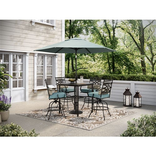 Hanover - Montclair 5pc High Dining: 4 Swivel Chairs, 33" Square High Table, Umbrella & Base - Ocean Blue/Brown-United Backyard