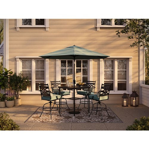 Hanover - Montclair 5pc High Dining: 4 Swivel Chairs, 33" Square High Table, Umbrella & Base - Ocean Blue/Brown-United Backyard