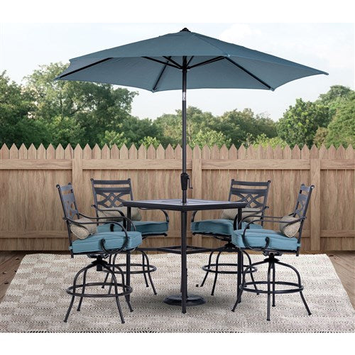 Hanover - Montclair 5pc High Dining: 4 Swivel Chairs, 33" Square High Table, Umbrella & Base - Ocean Blue/Brown-United Backyard