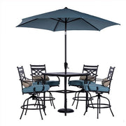 Hanover - Montclair 5pc High Dining: 4 Swivel Chairs, 33" Square High Table, Umbrella & Base - Ocean Blue/Brown-United Backyard