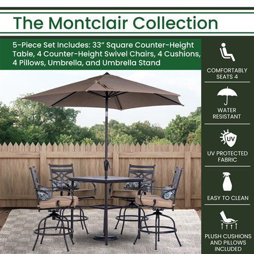 Hanover - Montclair 5pc High Dining: 4 Swivel Chairs, 33" Square High Table, Umbrella & Base - Tan/Brown-United Backyard