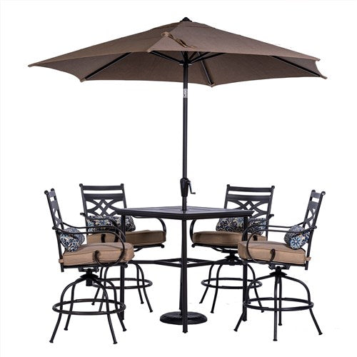 Hanover - Montclair 5pc High Dining: 4 Swivel Chairs, 33" Square High Table, Umbrella & Base - Tan/Brown-United Backyard