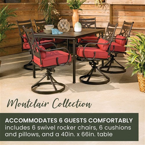 Hanover - Montclair 7pc: 6 Swivel Rockers, 40x66" Dining Table - Chili Red/Brown-United Backyard