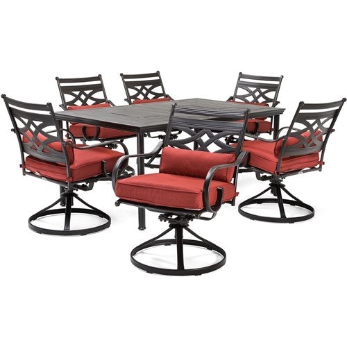 Hanover - Montclair 7pc: 6 Swivel Rockers, 40x66" Dining Table - Chili Red/Brown-United Backyard