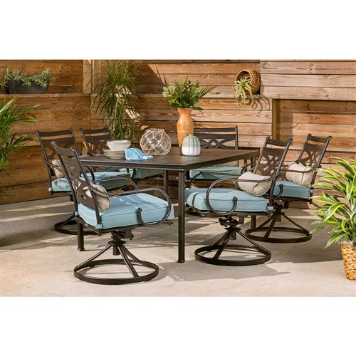 Hanover - Montclair 7pc: 6 Swivel Rockers, 40x66" Dining Table - Ocean Blue/Brown-United Backyard