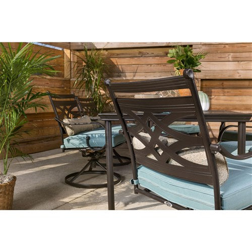 Hanover - Montclair 7pc: 6 Swivel Rockers, 40x66" Dining Table - Ocean Blue/Brown-United Backyard