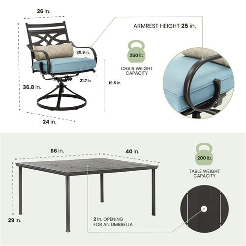 Hanover - Montclair 7pc: 6 Swivel Rockers, 40x66" Dining Table - Ocean Blue/Brown-United Backyard
