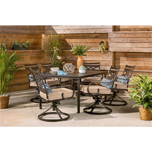 Hanover - Montclair 7pc: 6 Swivel Rockers, 40x66" Dining Table - Tan/Brown-United Backyard
