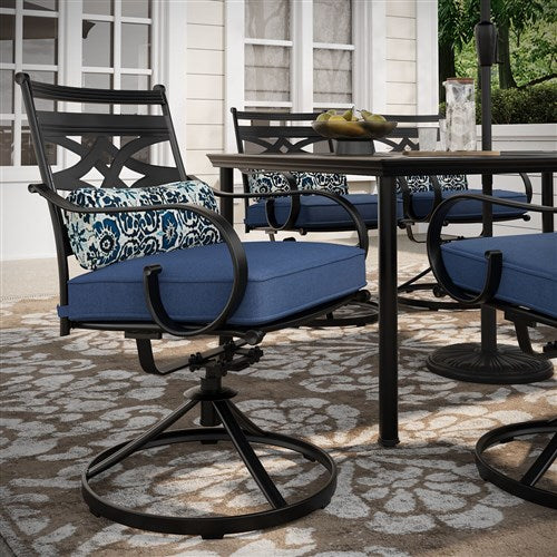 Hanover - Montclair 7pc: 6 Swivel Rockers, 40x66" Dining Table, Umbrella & Base - Navy/Brown-United Backyard