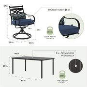 Hanover - Montclair 7pc: 6 Swivel Rockers, 40x66" Dining Table, Umbrella & Base - Navy/Brown-United Backyard