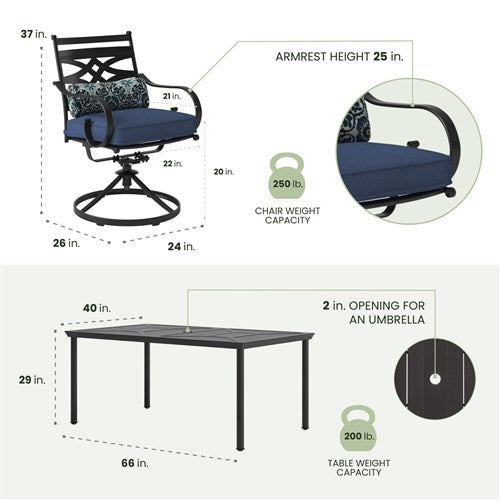 Hanover - Montclair 7pc: 6 Swivel Rockers, 40x66" Dining Table, Umbrella & Base - Navy/Brown-United Backyard