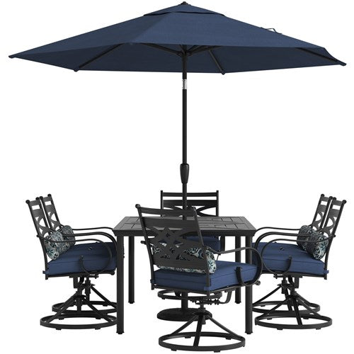 Hanover - Montclair 7pc: 6 Swivel Rockers, 40x66" Dining Table, Umbrella & Base - Navy/Brown-United Backyard