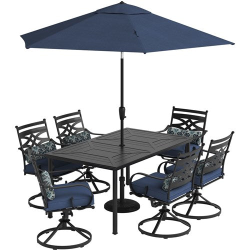 Hanover - Montclair 7pc: 6 Swivel Rockers, 40x66" Dining Table, Umbrella & Base - Navy/Brown-United Backyard