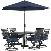 Hanover - Montclair 7pc: 6 Swivel Rockers, 40x66" Dining Table, Umbrella & Base - Navy/Brown-United Backyard