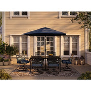 Hanover - Montclair 7pc: 6 Swivel Rockers, 40x66" Dining Table, Umbrella & Base - Navy/Brown-United Backyard