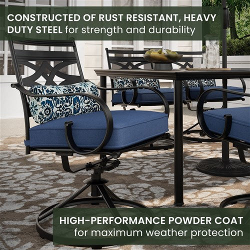 Hanover - Montclair 7pc: 6 Swivel Rockers, 40x66" Dining Table, Umbrella & Base - Navy/Brown-United Backyard