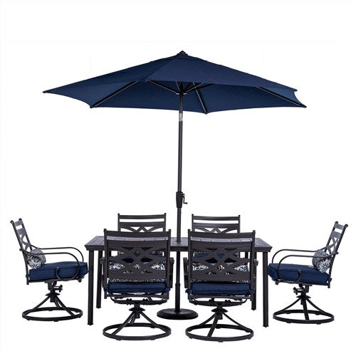 Hanover - Montclair 7pc: 6 Swivel Rockers, 40x66" Dining Table, Umbrella & Base - Navy/Brown-United Backyard