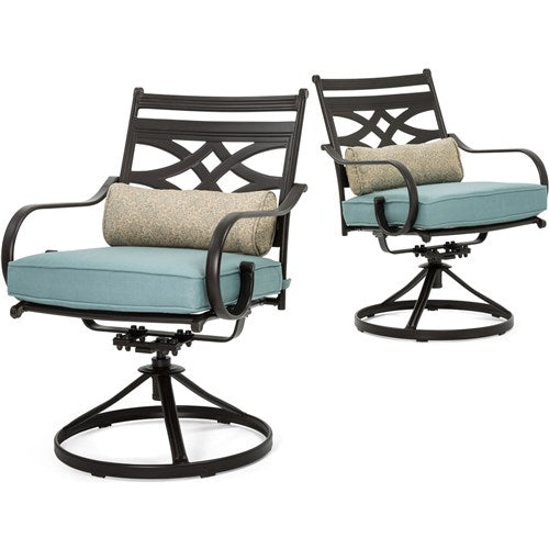 Hanover - Montclair 7pc: 6 Swivel Rockers, 40x66" Dining Table, Umbrella & Base - Ocean Blue/Brown-United Backyard