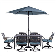 Hanover - Montclair 7pc: 6 Swivel Rockers, 40x66" Dining Table, Umbrella & Base - Ocean Blue/Brown-United Backyard