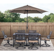 Hanover - Montclair 7pc: 6 Swivel Rockers, 40x66" Dining Table, Umbrella & Base - Tan/Brown-United Backyard