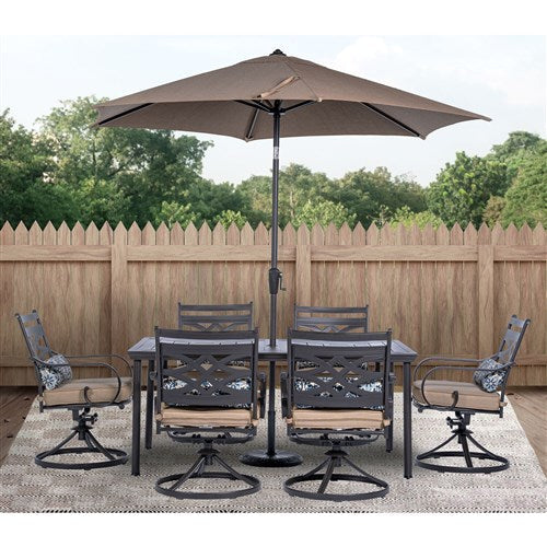 Hanover - Montclair 7pc: 6 Swivel Rockers, 40x66" Dining Table, Umbrella & Base - Tan/Brown-United Backyard