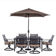 Hanover - Montclair 7pc: 6 Swivel Rockers, 40x66" Dining Table, Umbrella & Base - Tan/Brown-United Backyard
