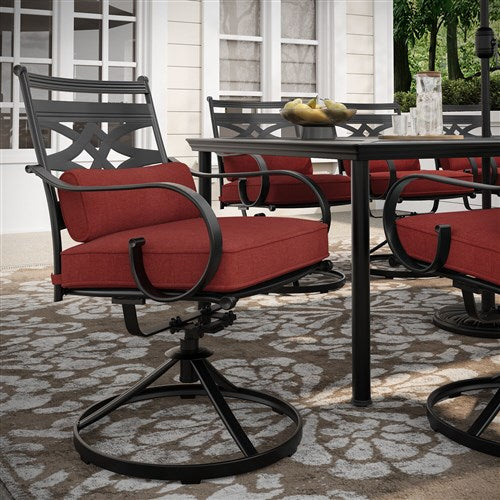 Hanover - Montclair 9pc: 8 Swivel Rockers, 42"x84" Dining Table, Umbrella, Base - Chili Red/Brown-United Backyard