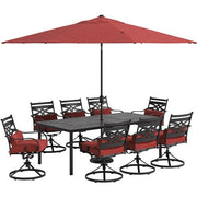Hanover - Montclair 9pc: 8 Swivel Rockers, 42"x84" Dining Table, Umbrella, Base - Chili Red/Brown-United Backyard