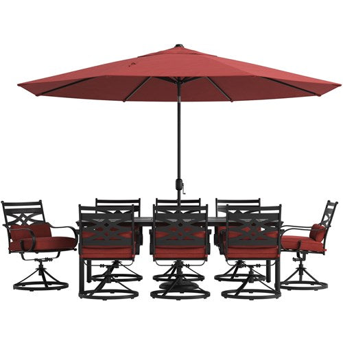 Hanover - Montclair 9pc: 8 Swivel Rockers, 42"x84" Dining Table, Umbrella, Base - Chili Red/Brown-United Backyard