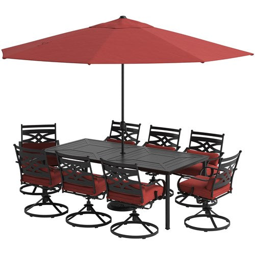 Hanover - Montclair 9pc: 8 Swivel Rockers, 42"x84" Dining Table, Umbrella, Base - Chili Red/Brown-United Backyard