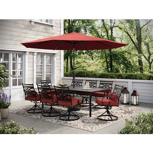 Hanover - Montclair 9pc: 8 Swivel Rockers, 42"x84" Dining Table, Umbrella, Base - Chili Red/Brown-United Backyard