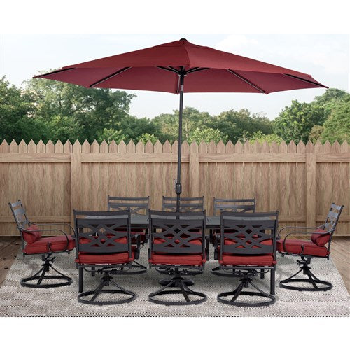 Hanover - Montclair 9pc: 8 Swivel Rockers, 42"x84" Dining Table, Umbrella, Base - Chili Red/Brown-United Backyard