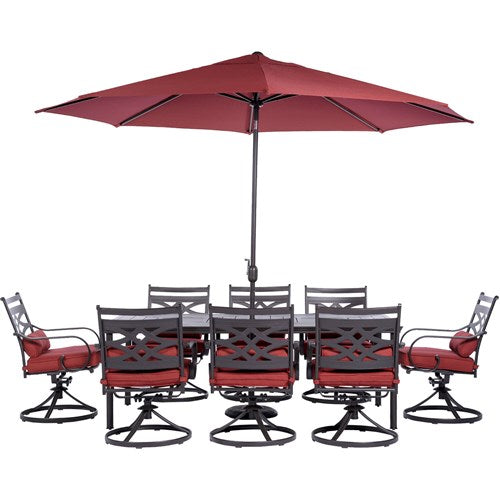 Hanover - Montclair 9pc: 8 Swivel Rockers, 42"x84" Dining Table, Umbrella, Base - Chili Red/Brown-United Backyard